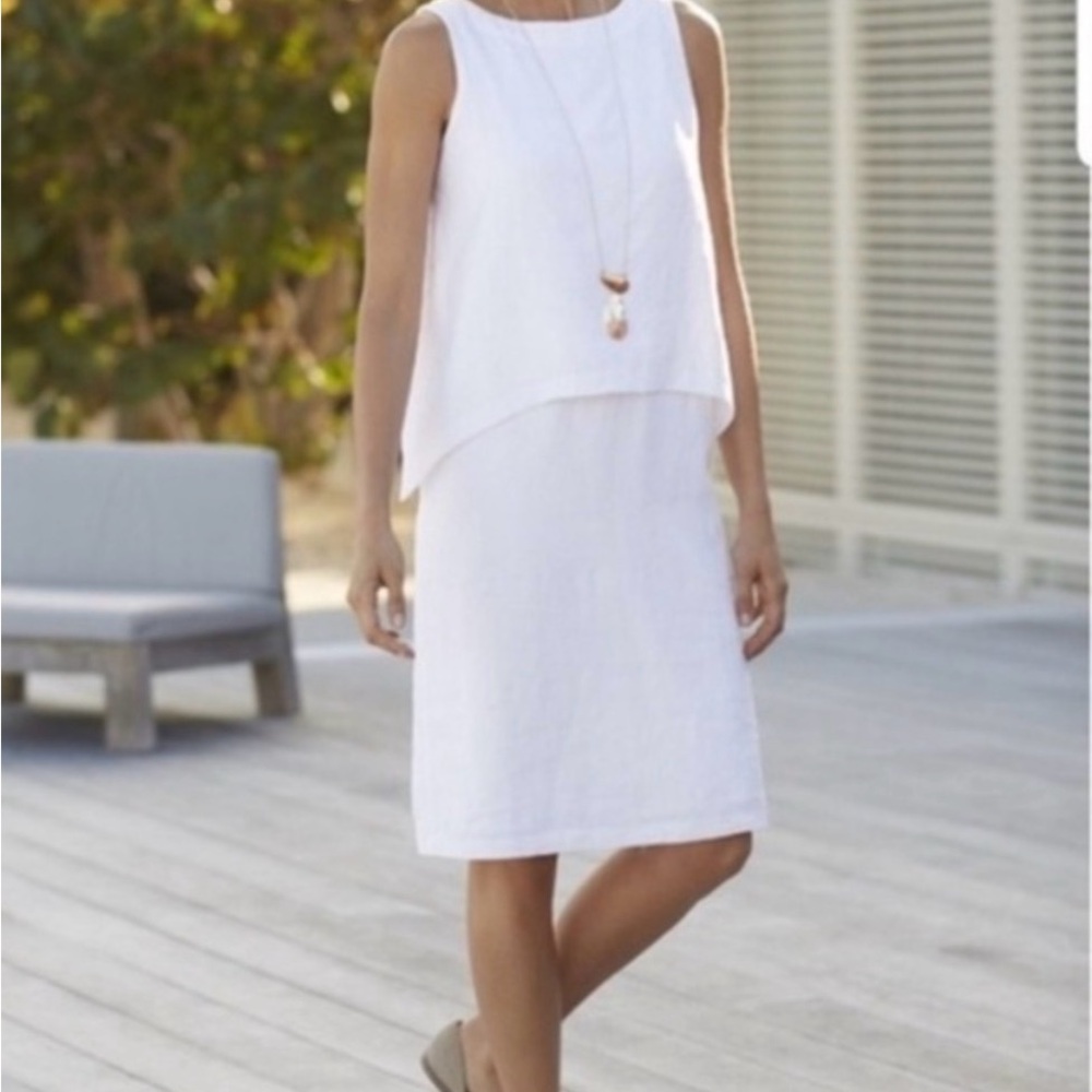 Pure Jill J.Jill Tiered Linen Dress Sz SP White Coastal Classic Beachy Timeless